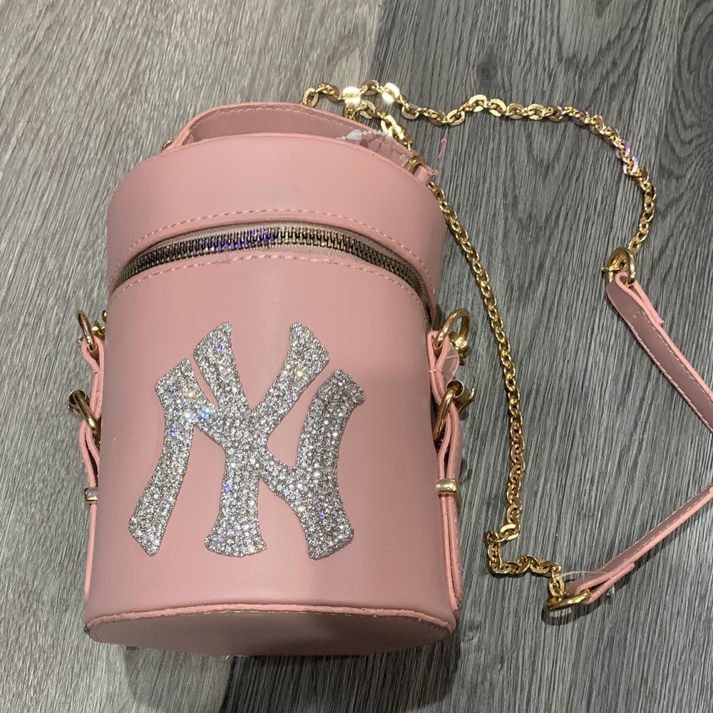 Pink Glitter Logo Crossbody Bag with Gold Chain
